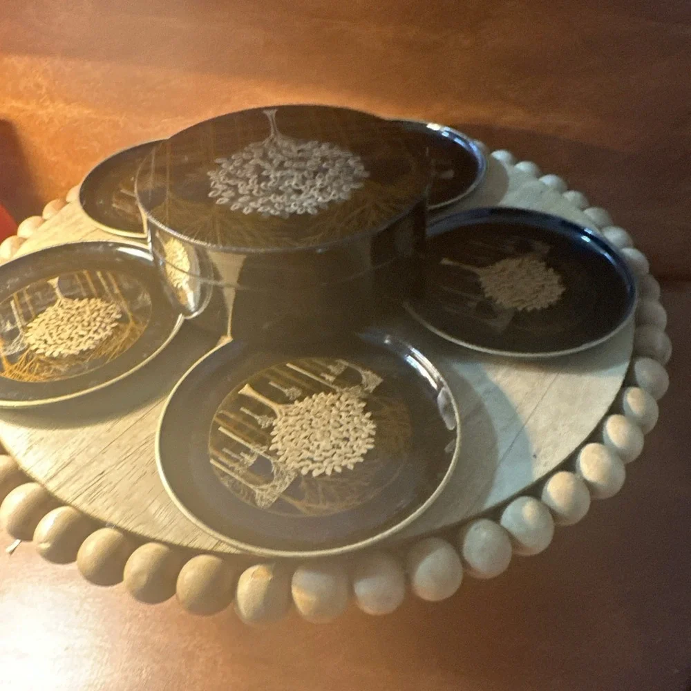Set 5 of Otagiri Japan Black Lacquer Metallic Gold Tree Trays and Trinket Box